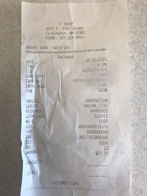 Receipt of food receive at Si Señor's.