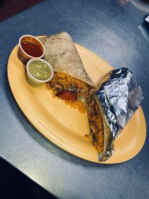 Our burritos are our most full filling meal made with a 14' inch tortillas your choice of meat, toppings, and sauce