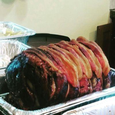 Prime rib wrapped in bacon.