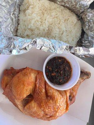 Leg quarter combo. Sticky rice with a choice of our hot sauce (chili base or tomato base)
$7.49