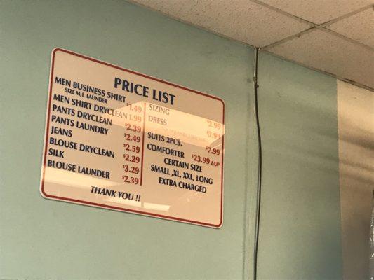 Updated price list