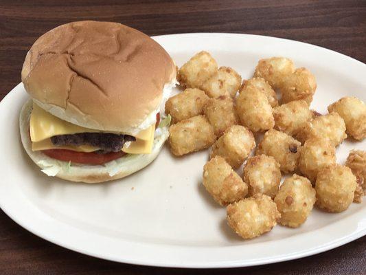 Double cheeseburger and tater tots.