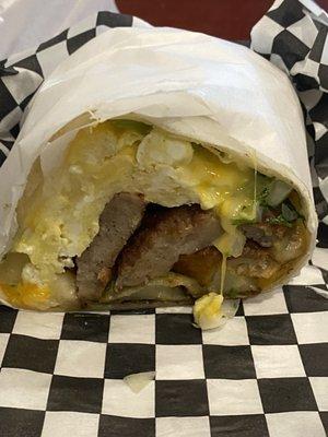 Breakfast burrito with sausage - more egg and sausage than other ingredients. Other burritos usually have more filler potato