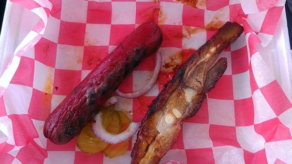 "Texas" hot link and a rib