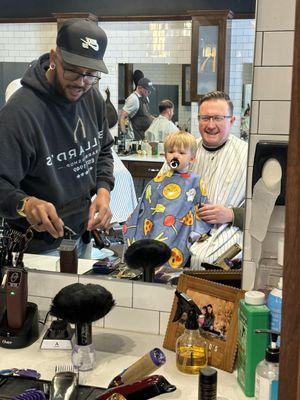 Brandon from Ballards preparing to cut my sons hair