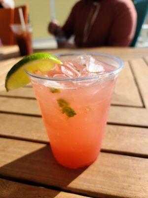 Spicy strawberry basil margarita: Mango silver tequila, muddled basil & jalapeño, lemon juice, lime juice, & strawberry. Soooo good!