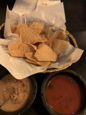 chips, bean dip and salsa