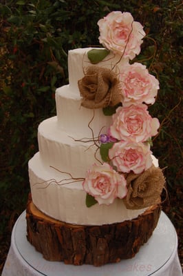 Rustic Rose Wedding Cake in Buttercream with Sugar Roses, Burlap and Curly Willow