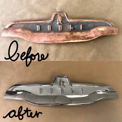 Before & After of a pot metal Hood Emblem for a 1959 Dodge Custom Royal Lancer.  #restorationplating #potmetalrestoration #potmetalrepair