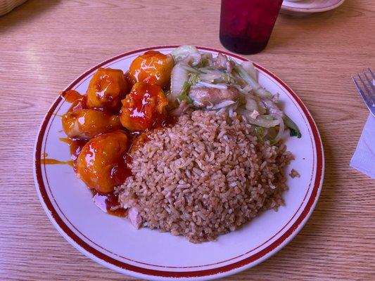 Letter H ham fried rice (bottom), pork chow mein (upper right), sweet and sour chicken (upper left)