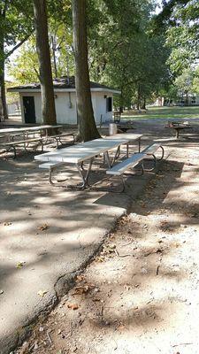 5 picnic benches with two grills.  Plenty of trash bins.