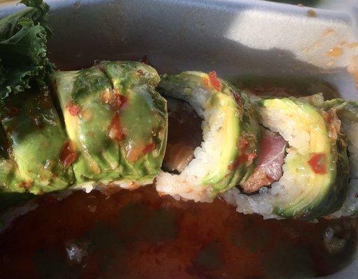 Alabama roll. Tuna, salmon, avocado, Thai chili sauce.