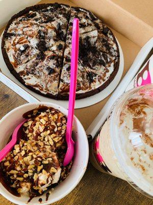 Oreo Cookie Cake, Brownie Sundae, cappuccino blast drink and Strawberry Cheesecake milkshake