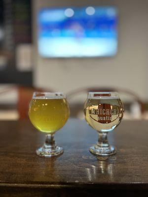 Two of the beers on tap. 5 oz