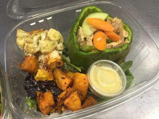 Chicken salad stuffed bell pepper with roasted sweet potatoes sub 300 calories