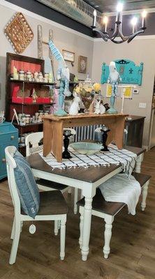 Farmhouse style table with 4 chairs and a great bench