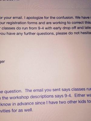 Oops!  Clarification email!  Classes are 9-4