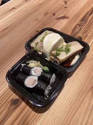 Pork belly bun and yellowtail sushi