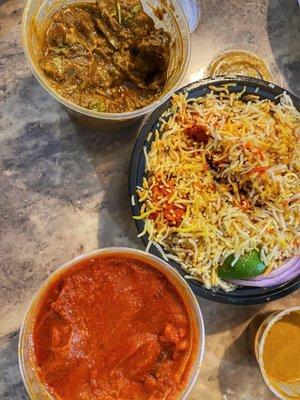 Goat Curry, Special Boneless chicken biryani and Chicken Vindaloo