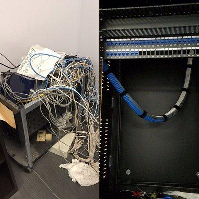 Before and after pic for a warehouse network cabling clean up.