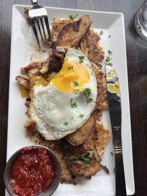 Cauliflower Latkes with turkey hash and fried egg