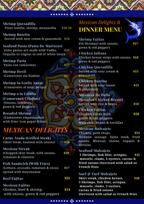 Mexican Delights & Dinner Menu