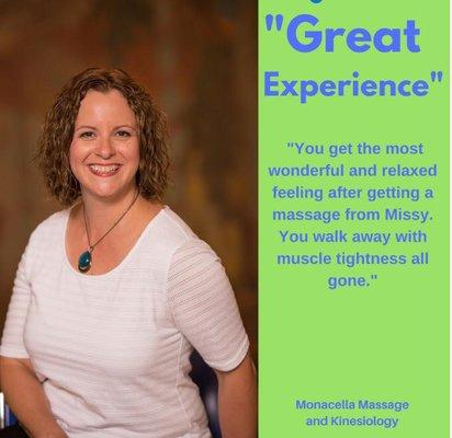 Client review of Missy Monacella LMT, Monacella Massage & Kinesiology