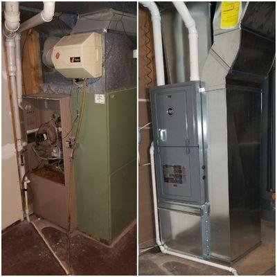 100,000 standing pilot gas furnace , replaced with high efficiency 60,000 Ruud direct spark @ 95%