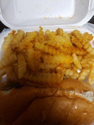 Cheesesteak and fries. They have seasonings you can sprinkle on your food.