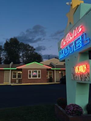 The office and exterior sign at La Bella Motel, Carrollton, MO.