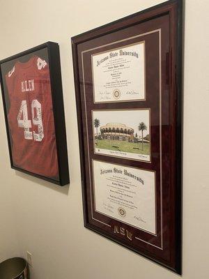 Custom Double Diploma Frame w/ artwork, suede mat and school logo.