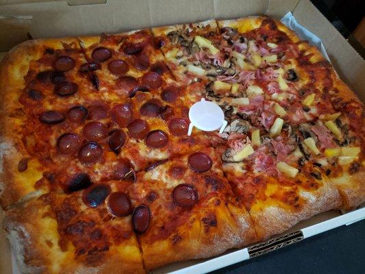 Large pizza, half pepperoni, half ham pineapple mushroom