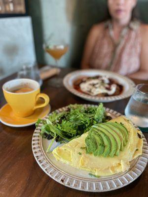 PRIMO OMELETTE (with added avocado) and HUEVOS ROTOS + vanilla latte.