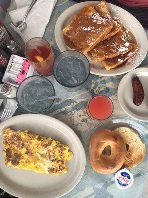 French toast and a bacon omelet