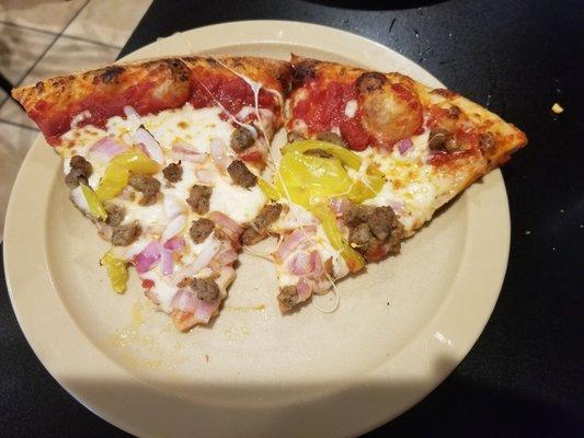 Onions banana peppers and beef Pizza