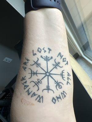 Norsk compass Rose with Viking font that says not all who wander our lost!