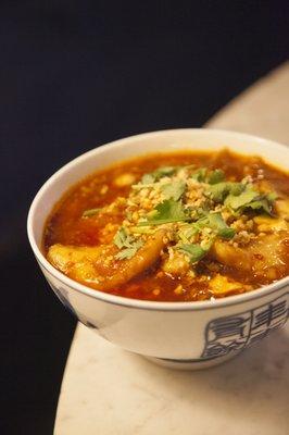 Braised Fish with Silken Tofu /filets of sole with chili sauce, peanuts and cilantro