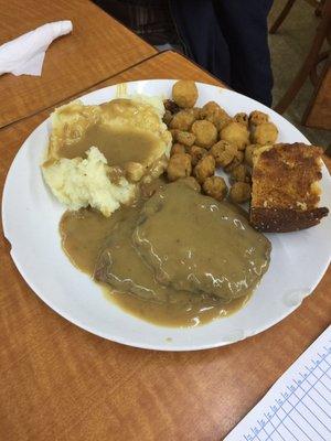 Cube Steak and Gravy, Mashed Potatoes and Fried Okra