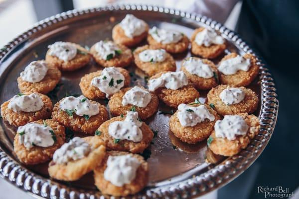 Potato pancakes with bacon, horseradish, sour cream