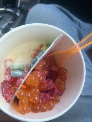 Left / pineapple frozen yogurt with sour patch / Right / Raspberry and Watermelon frozen yogurt with mango popping boba