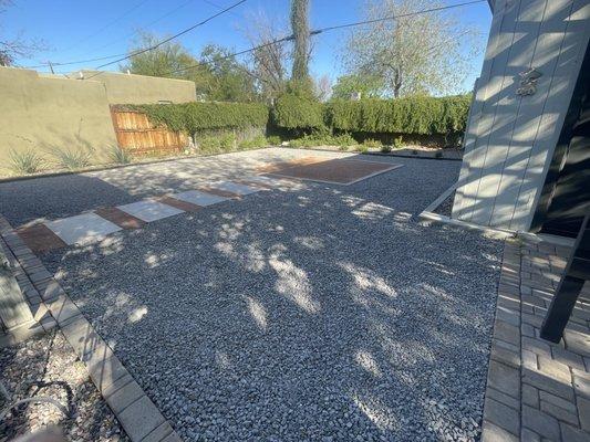 Charcoal gravel installed and pink decomposed granite installed with stabilizer for a perfect outdoor seating area and color contrast!!!