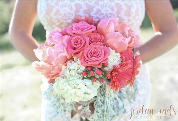 Gina's Frothy Coral Bride's bouquet Mendocino Wine Country Wedding