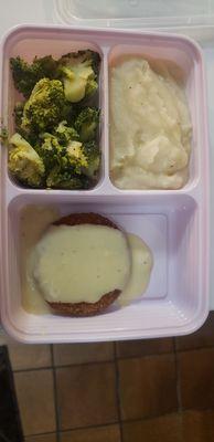 Plant-based chicken w/vegan white gravy  Steamed Broccoli Mashed potatoes