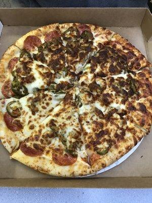 Regular crust with pepperoni, italian sausage, and jalapeños.