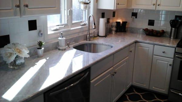 Beautiful Kitchen White Carrara Marble countertop
 Client in Marion, MA.