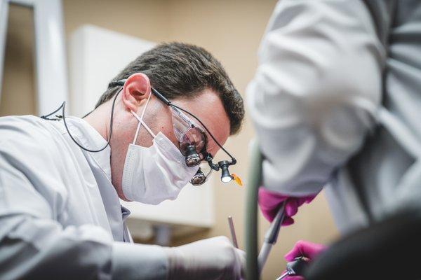 Dr. David Gordon with a dental patient.