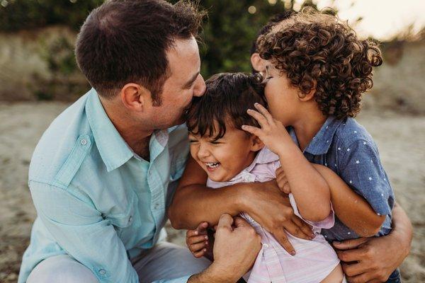 A happy family hugging.