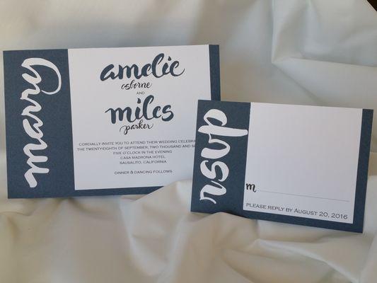 Die-cut hand-crafted calligraphy and hard edge lettering create a classy and one-of-a-kind invitation!