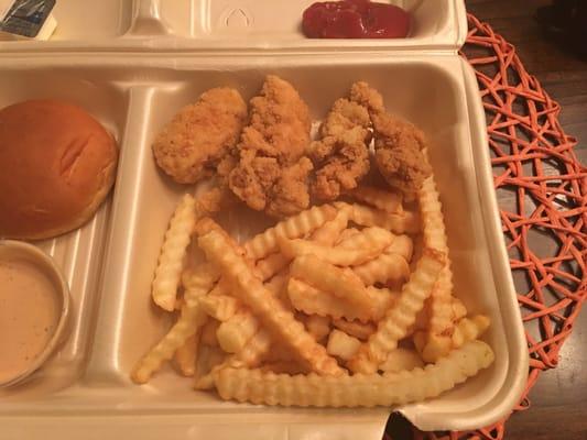 Ordered a chicken strip dinner and what I got looks like chicken bites with soggy fries.