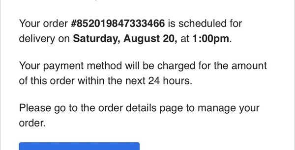 Order confirmation for 1pm scheduled delivery.